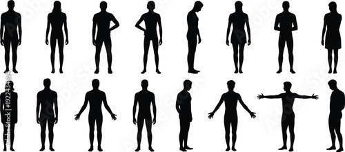 Human body silhouettes collection, male and female standing figures isolated black shadow people set for design