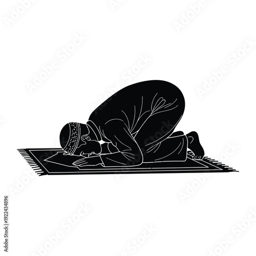 Serene Prayer: A devout figure in traditional garb bows in humble prayer on a prayer rug. This image embodies deep faith and quiet devotion, perfect for conveying reverence and spiritual reflection.
