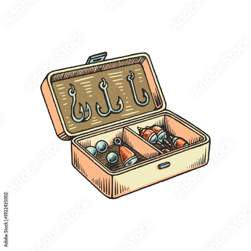 Colored Vintage Fishing Tackle Box Engraved Vector