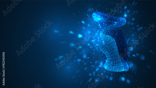 An abstract 3D object on a blue background with bright highlights.