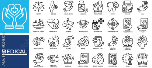 Medical icon set collection. Containing mental, bones, mind, organization, think, anatomy, info .Line vector icons collection