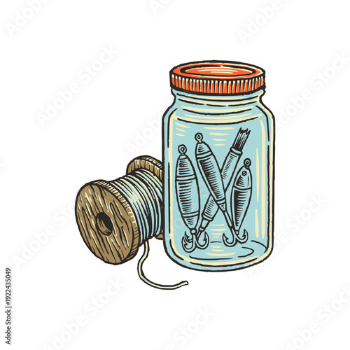 Fishing Lure Storage Jar with Line Spool Colored Illustration