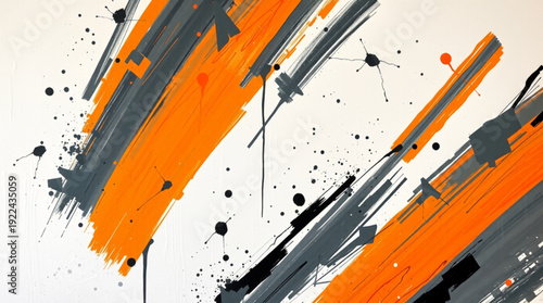 Abstract painting with bold brushstrokes featuring vibrant orange, black, gray, and white hues.