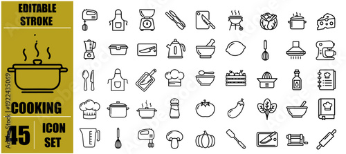 Collection of forty five cooking related icons in a line art style