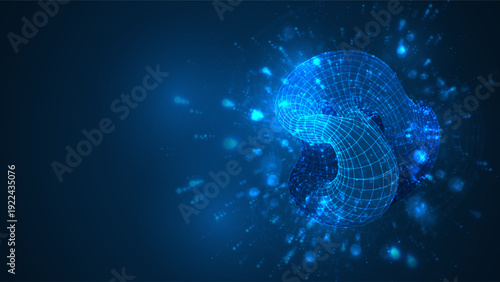 An abstract 3D object on a blue background with bright highlights.