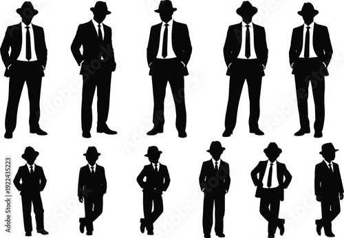 Businessman Silhouette Collection, Elegant Men in Suit and Hat Standing Poses Black Vector Illustration Set Isolated on White Background for Corporate Design
