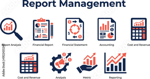 Report management and financial analysis infographic with accounting, metrics, reporting, and cost revenue icons for business performance tracking