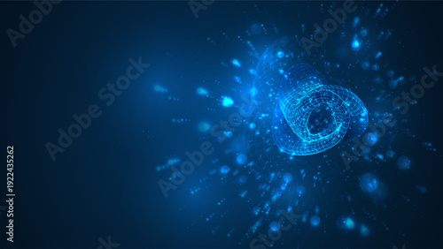 An abstract 3D object on a blue background with bright highlights.