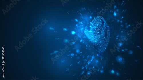 An abstract 3D object on a blue background with bright highlights.