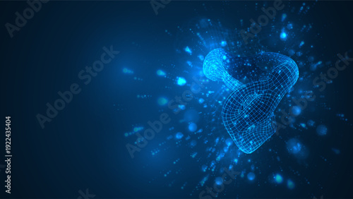 An abstract 3D object on a blue background with bright highlights.