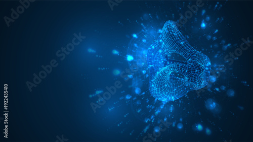 An abstract 3D object on a blue background with bright highlights.