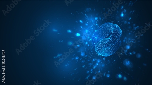 An abstract 3D object on a blue background with bright highlights.