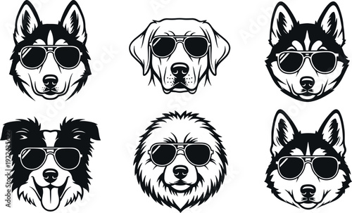 Cool black and white vector set of six stylish dog heads wearing aviator sunglasses for logos mascots and graphic design