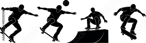 Dynamic black silhouette vector illustration of male skateboarders performing extreme sports tricks and jumps isolated on a clean white background.