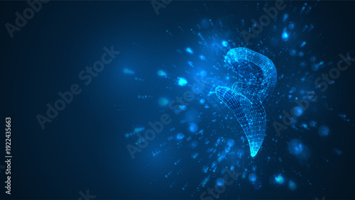 An abstract 3D object on a blue background with bright highlights.