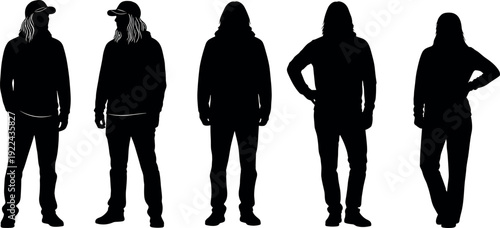 Set of five vector silhouettes featuring young people standing casually in hoodies and caps isolated on a solid white background.