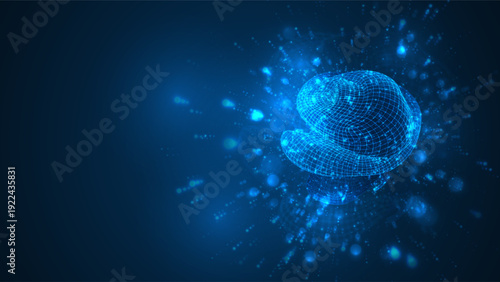 An abstract 3D object on a blue background with bright highlights.