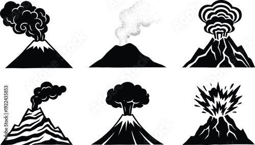 Volcano Eruption Silhouette Icon Set, Explosive Mountain Blast with Smoke and Lava, Black and White Vector Illustration Collection Isolated on White Background