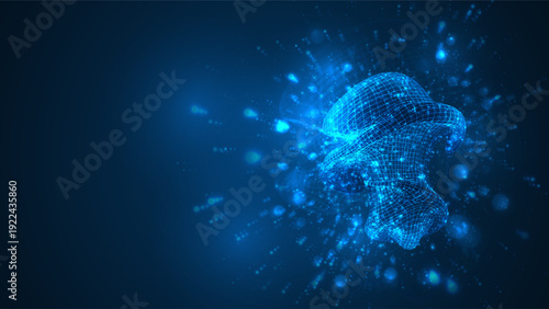 An abstract 3D object on a blue background with bright highlights.