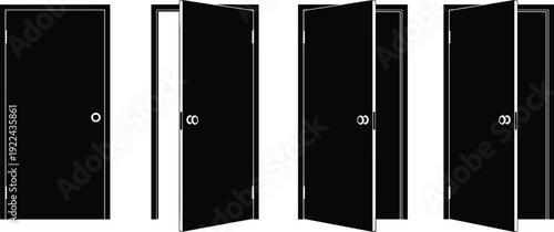 Door opening sequence illustration showing entrance access stages, opportunity concept, transition, welcome gateway, privacy, and architectural movement progression