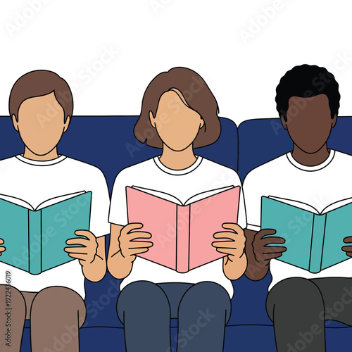 Three diverse people reading books on a blue bench