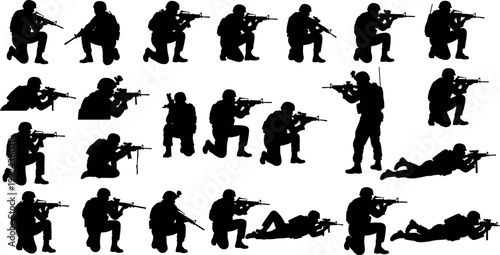Vector silhouette collection of military soldiers in tactical combat poses aiming assault rifles for army and security graphic design projects.