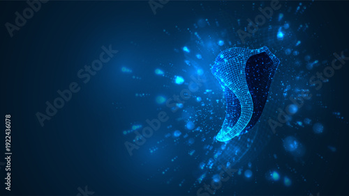 An abstract 3D object on a blue background with bright highlights.