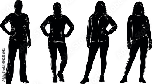 Set of four female silhouettes standing in casual activewear with outline details isolated on white background for fitness fashion design