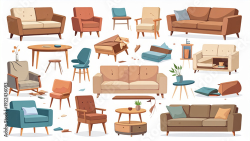 Broken Furniture Vector Collection – Damaged Sofas, Tables, and Shelves