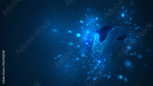 An abstract 3D object on a blue background with bright highlights.