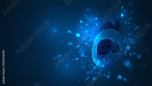 An abstract 3D object on a blue background with bright highlights.