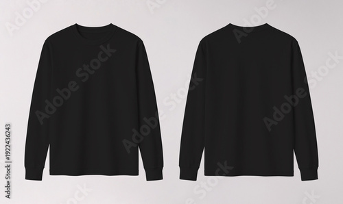Slika na platnu Black Long-Sleeve T-Shirt Mockup Front and Back Views on White Background