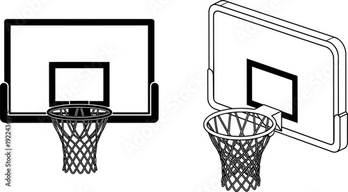 Basketball hoops and Nets in Black and White: Two distinct views of basketball hoops and nets are presented. The black and white image highlights a minimalist aesthetic