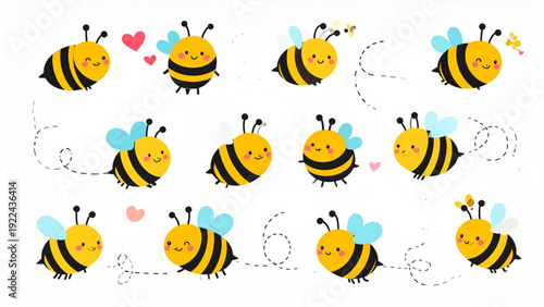 Flying Bee and Dotted Path Vector Set – Cute Cartoon Bee Flight Routes