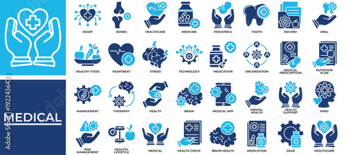 Medical icon set collection. Containing mental, bones, mind, organization, think, anatomy, info .Solid vector icons collection