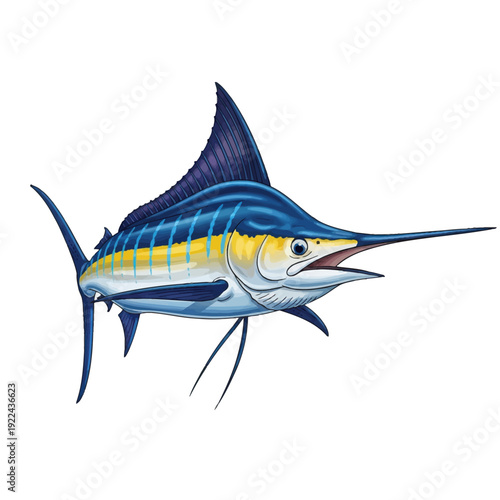 Vector Illustration of Marlin Fish in Modern Realistic Style with Blue and Yellow Colors