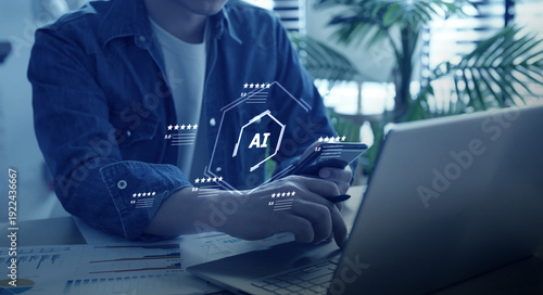 Digital marketing artificial intelligence and 5 stars rating review. Online customer feedback survey, service quality satisfaction, smart business strategy, and best ranking experience concept.