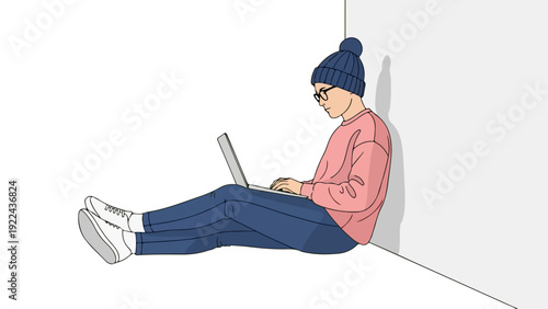 Young Person Working or Studying on Laptop in Casual Attire, Line Art Illustration