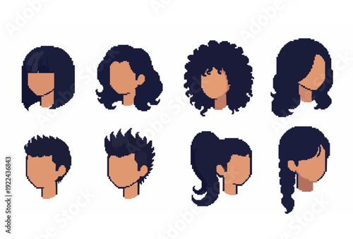 Eight Pixel Art Dark Hairstyles Vector Set for Games, Avatars, and Characters
