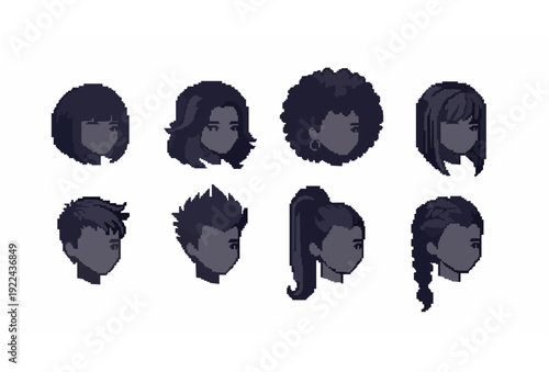 Pixel Art Dark Hair Styles Set for Digital Avatars and Character Design