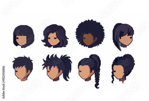 Pixel Art Dark Hair Styles Set for Digital Avatars and Character Design