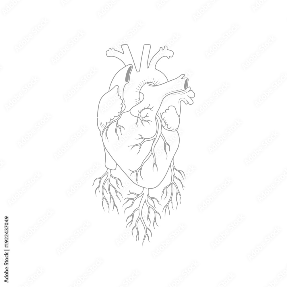 Fototapeta premium Human heart anatomy illustration with complex root system on grid background art