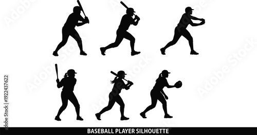 Baseball and Softball Player Silhouettes Set with Male and Female Athletes Batting and Fielding, Baseball and Softball Player Silhouettes Set with Male and Female Athletes Batting and Fielding