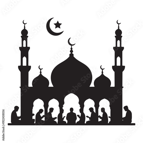Grand Islamic mosque architecture with crescent symbol and worshippers for holy month greeting concept