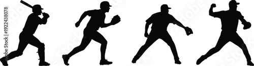 Baseball Player Silhouettes Set Featuring Batter Runner Fielder and Pitcher in Dynamic Action Poses, Isolated Vector Illustration on White Background