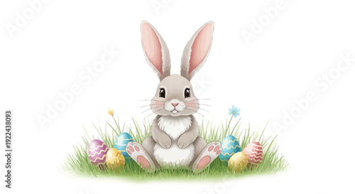 Adorable cartoon bunny surrounded by easter eggs in a green grassy field
