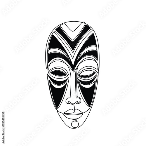 African tribal mask line art illustration with black geometric ethnic patterns