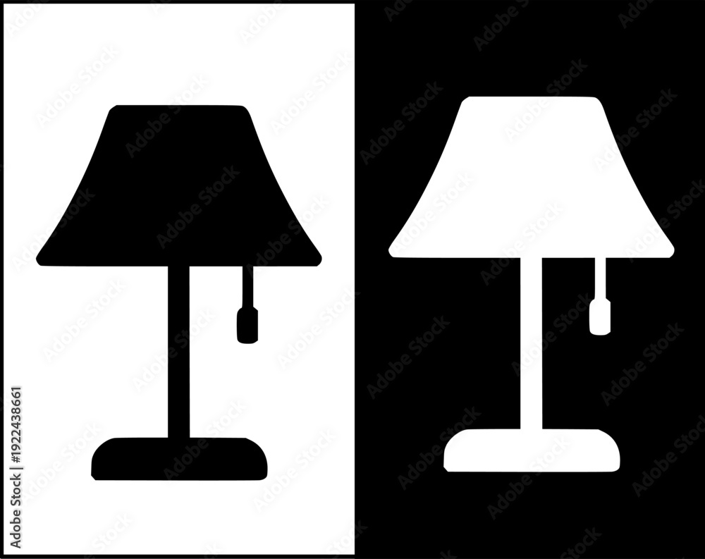 Obraz premium Icon, vector illustration of a table lamp with silhouette design, in original and negative versions