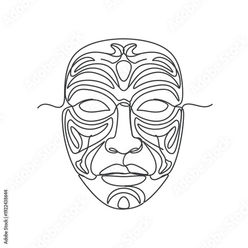 Continuous line drawing of tribal mask with intricate geometric facial patterns