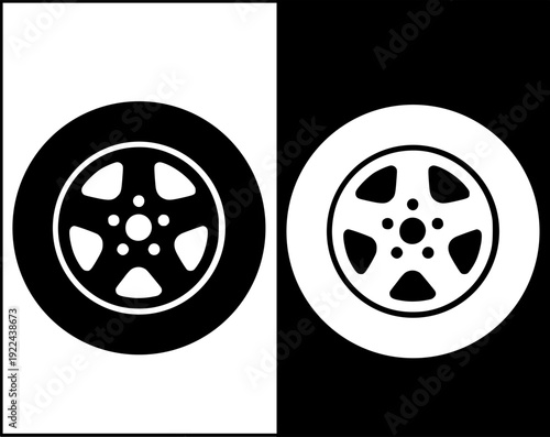 Vehicle icon, vector illustration of a car wheel with silhouette design, in original and negative versions